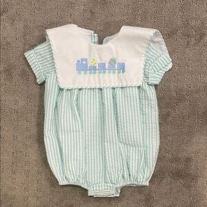 Striped Baby Romper with Easter Egg Train Embroidery